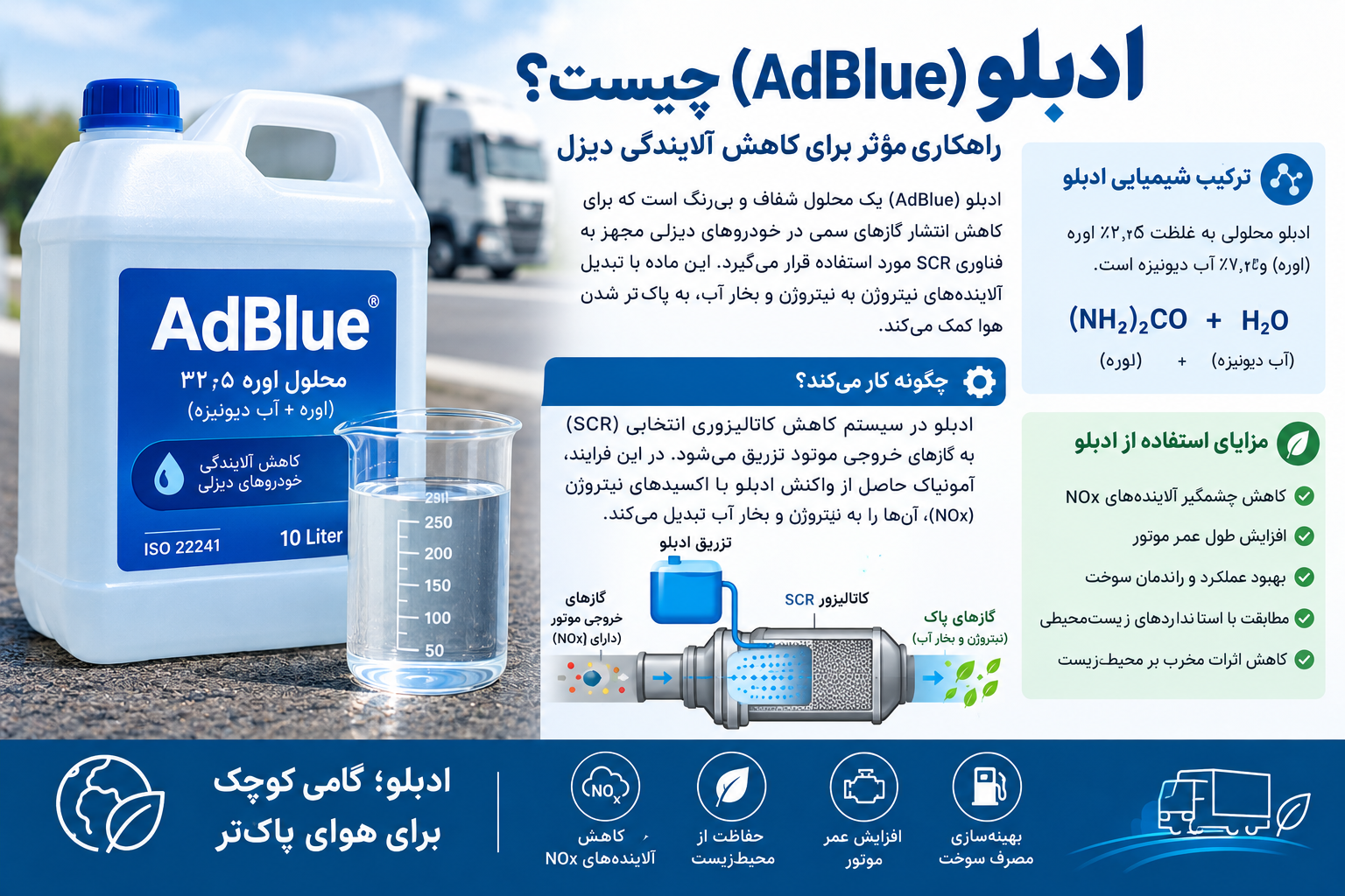 ادبلو (AdBlue / AUS 32): ترکیب، استاندارد ISO 22241، عملکرد سامانه SCR و معیارهای کنترل کیفیت